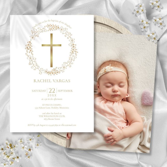 Taufe Christening Gold Cross Bloral Foto Einladung (Baptism Christening Gold Cross Floral Photo Invitation)
