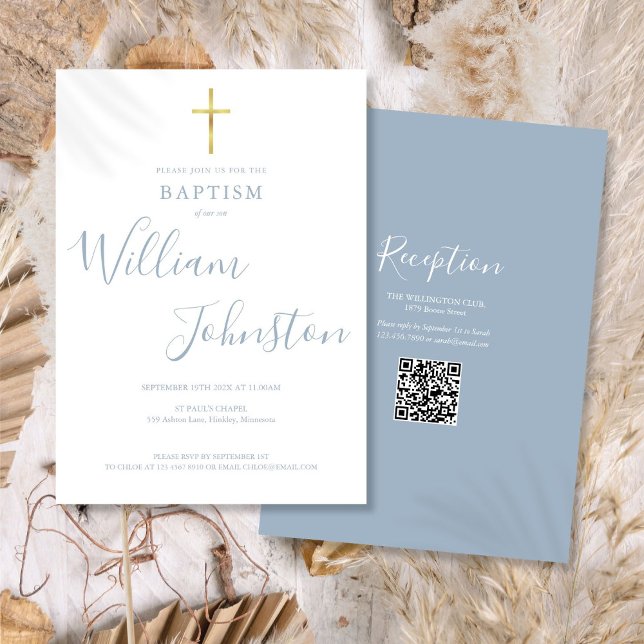 Taufe Christening Gold Cross Dusty Blue QR Code Einladung (Baptism Christening Gold Cross Dusty Blue QR Code Invitation)