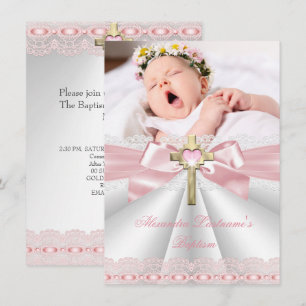 Taufe Christening Gold Kreuz Mädchen Rosa 2 Einladung