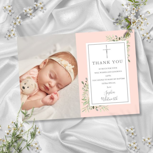 Taufe Christening Greenerenery Blush Pink Foto Dankeskarte (Baptism Christening Greenery Blush Pink Photo Thank You Card)