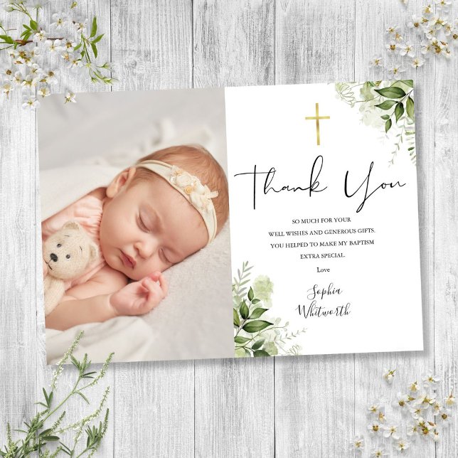 Taufe Christening Greenerity Foto Script Dankeskarte (Baptism Christening Greenery Photo Script Thank You Card)