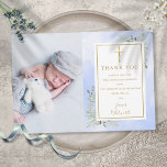 Taufe Christening Greenery Foto Blau Wasserfarbe Dankeskarte<br><div class="desc">Goldenes,  blaues Aquarell,  Blütenblüte,  Taufe Taufe Foto Dank Karte. Personalisieren Sie mit Ihrem Foto und besonderen Taufe,  taufen Sie Danksagungen in eleganter Goldtypografie. Entwickelt von Thisisnotme©</div>