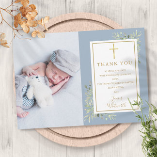 Taufe Christening Greenery Foto Blue Boy Dankeskarte