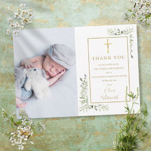 Taufe Christening Grün Gold Kreuz Foto Dankeskarte
