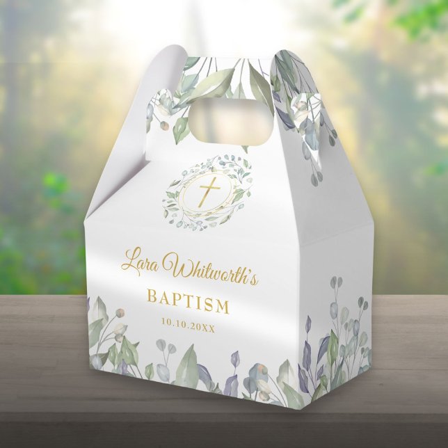 Taufe Christening Laurel Garland Gold Cross Geschenkschachtel (Baptism Christening Laurel Garland Gold Cross Favor Box)