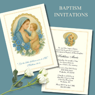Taufe Christening Mary Jesus Blue Floral Einladung