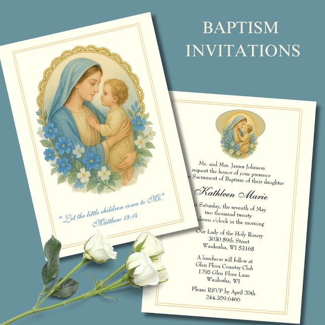 Taufe Christening Mary Jesus Blue Floral Einladung (Von Creator hochgeladen)