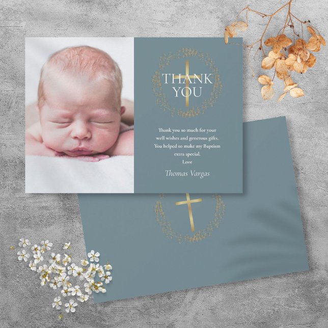 Taufe Christening Modern Gold Garland Foto Dankeskarte (Baptism Christening Modern Gold Garland Photo Thank You Card)
