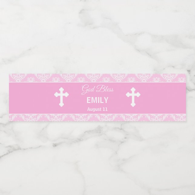 Taufe Christening Pink Bottle Girl Damask Wasserflaschenetikett (Einzelnes Label)