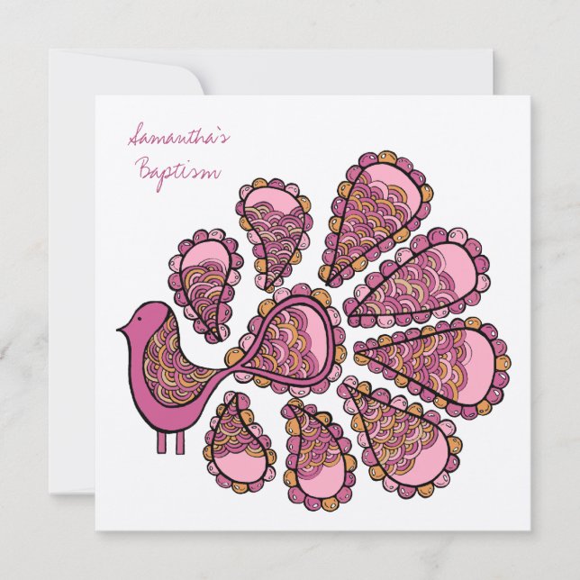 Taufe Christening Pink Peacock Einladung (Vorderseite)