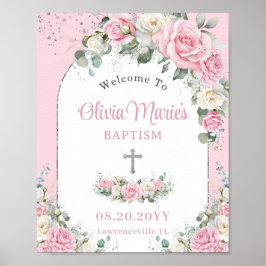 Taufe Christening Pink White Roses Blumensilber Poster