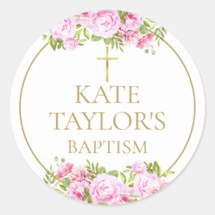 Taufe Christening Rosa Rosen Blumen Gefallen Runder Aufkleber