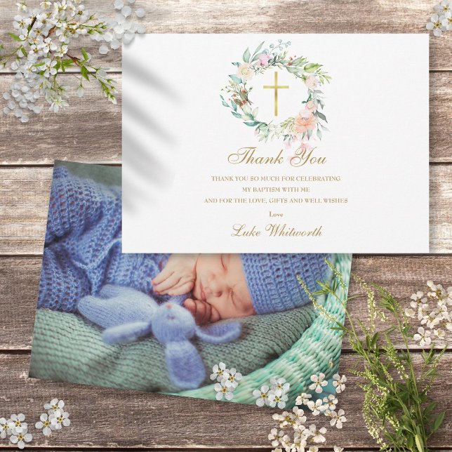 Taufe Christening Rose Blumengold Foto Gold Dankeskarte (Baptism Christening Roses Floral Photo Gold Thank You Card)