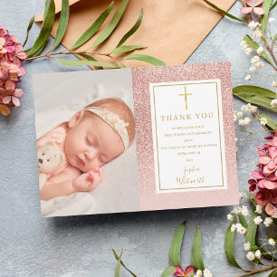 Taufe Christening Rose Gold Glitzer Foto Dankeskarte