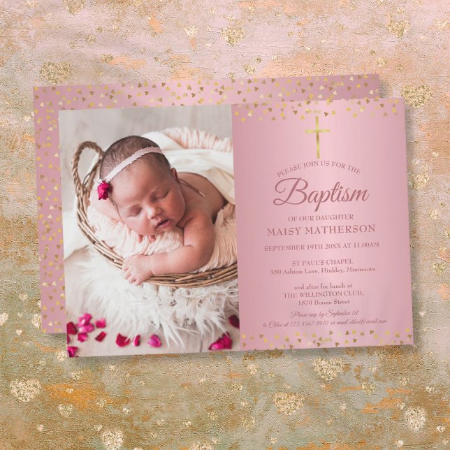 Taufe Christening Rose Gold Hearts Foto Einladung (Baptism Christening Rose Gold Hearts Photo Invitation)