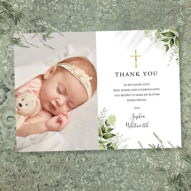 Taufe Christening Rustikales Foto Dankeskarte (Baptism Christening Rustic Greenery Photo Thank You Card)