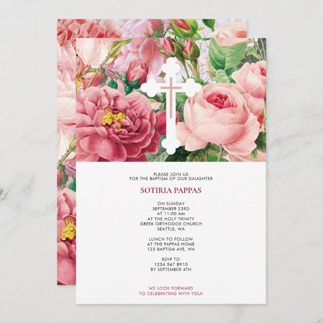 Taufe Christening Taufe Girl Pink Roses Einladung (Vorne/Hinten)