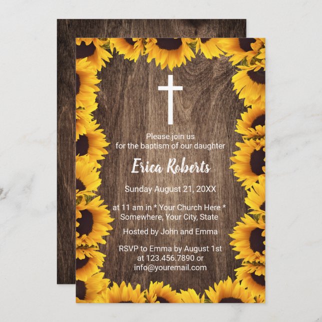 Taufe Christening Vintage Sonnenblumen Gerahmt Einladung (Vorne/Hinten)