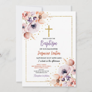 Taufe Cross Christening Blume Lila Gold Einladung