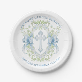 Taufe Cross Wappen Greenery Baby Boy Paper Plate Pappteller