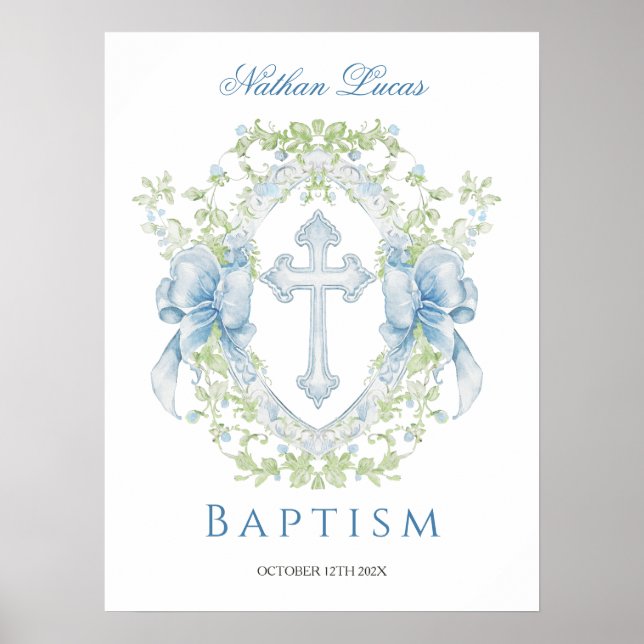 Taufe Cross Wappen Greenery Baby Boy Poster (Vorne)