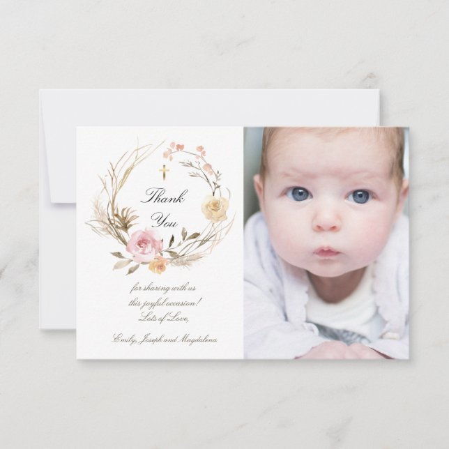 Taufe danke beige-rosa Blume Einladung (Vorderseite)