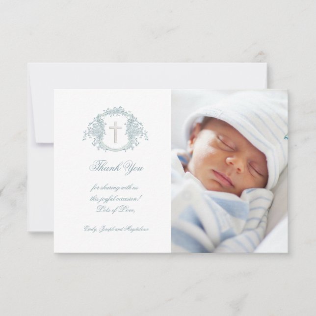 Taufe danke blauen blühenden Wappen Einladung (Vorderseite)