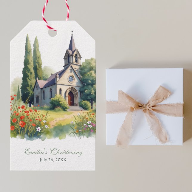 Taufe der Katholischen Kirche Wasserfarbe Geschenkanhänger (Watercolor Floral Catholic Church Baptism Gift Tags)