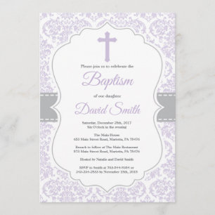 Taufe der Mädchen Lila und Graue Damask Einladung