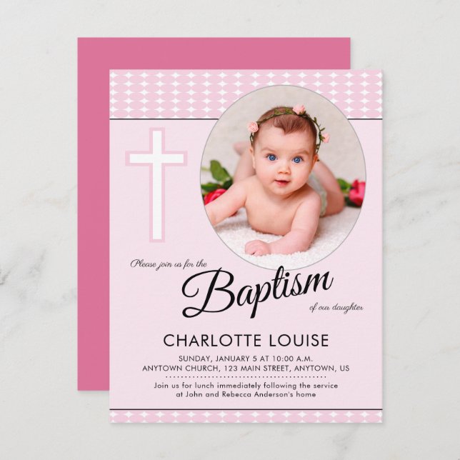 Taufe der rosa Girl, kreuz Christening - Einladung (Vorne/Hinten)
