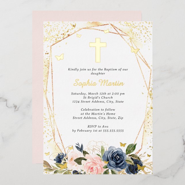 Taufe der rosafarbenen Goldkreuzblume Folieneinladung (Vorderseite/Rückseite)