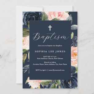 Taufe der Wasserfarben-Navy Pink Peach Florals Einladung