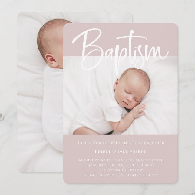 Taufe | Einfach minimales Rosa mit zwei Fotos Einladung (Vorne/Hinten)