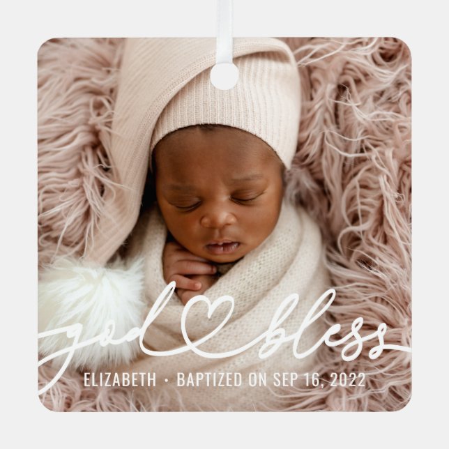 Taufe Einfache Elegante Modernes Heart Baby Foto Ornament Aus Metall (Vorderseite)