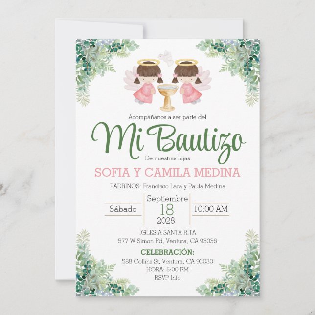 Taufe Einladung Spanisch zwei Mädchen Zwillinge Sc (Vorderseite)