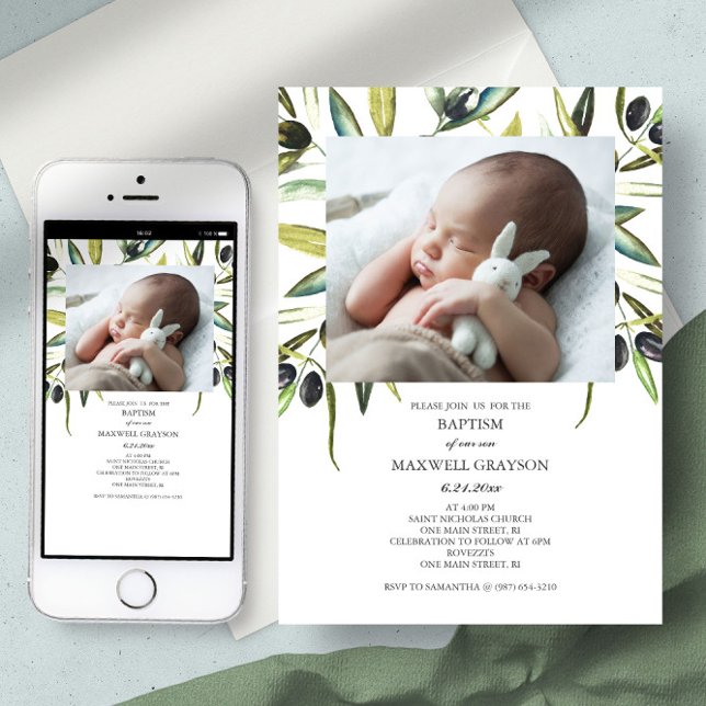 Taufe Einladung Wasserfarben Geschlecht neutrales  (baptism invitation boho botanical watercolor olive branch )