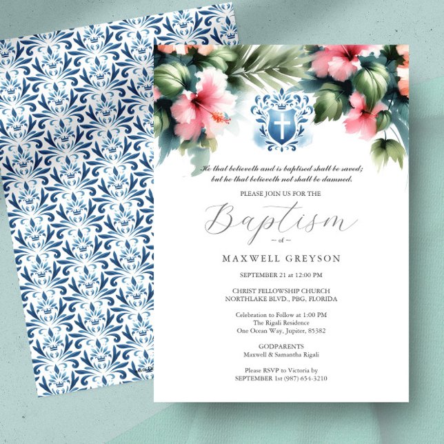 Taufe Einladungen Religious Blue and Pink (Baptism invitations with godparents names pink hibiscus flowers by Victoria Grigaliunas)