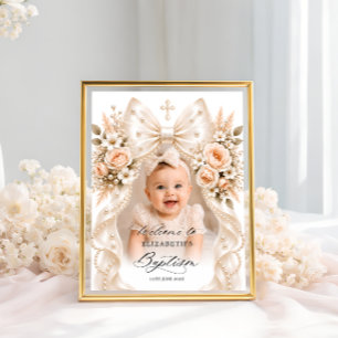 Taufe Elegantes Blumenband und Perlen-Foto-Willkom Poster