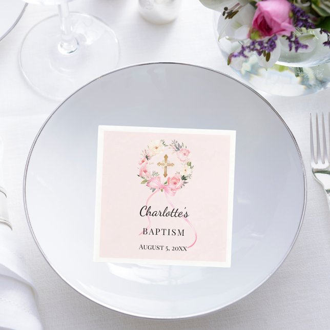Taufe errötend rosa Mädchen Blumenkranz Kreuz Serviette (Von Creator hochgeladen)