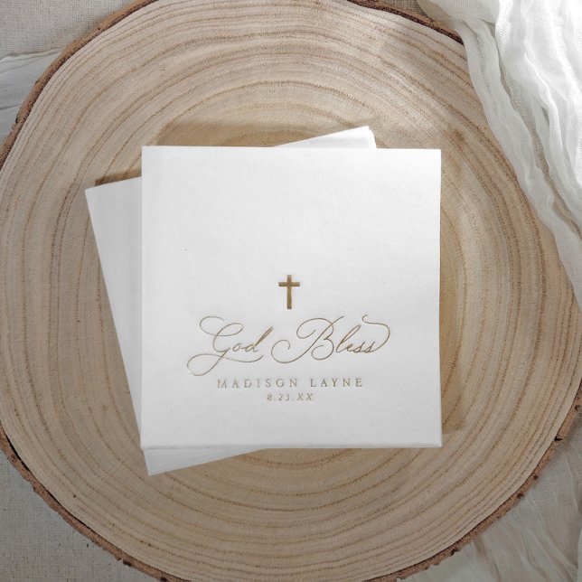 Taufe Erste Kommune Gold Gott segne Kreuz Servietten Mit Folie (Cross baby baptism napkins - foil stamped and personalized)