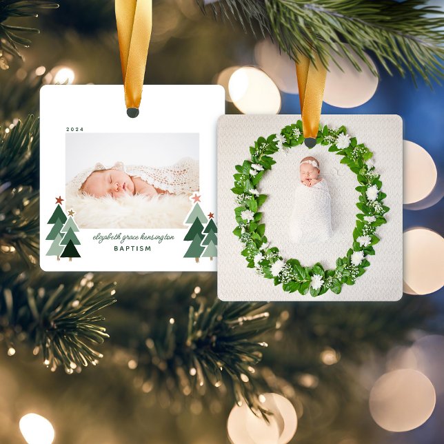 Taufe Erste Weihnachtsfeier Rustikales Foto Bäume Keramikornament (Baptism First Christmas Rustic Trees Photo Ceramic Ornament)