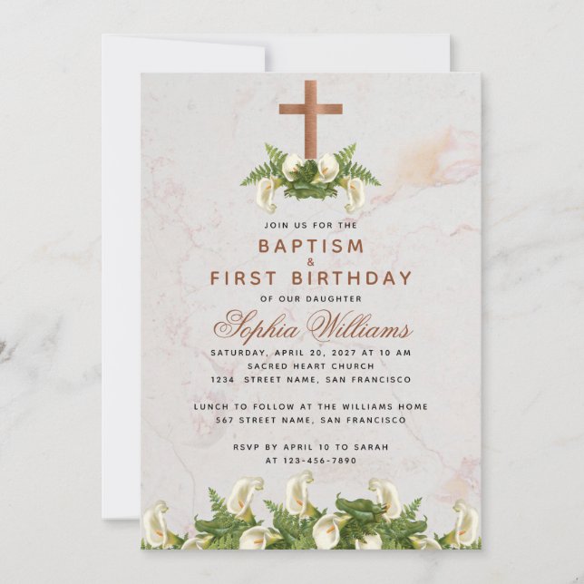 Taufe Erster Geburtstag Kupfer Kreuz Calla Lilies Einladung (Vorderseite)
