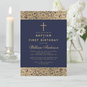 Taufe Erster Geburtstag Marineblau Gold Rosen Jung Einladung