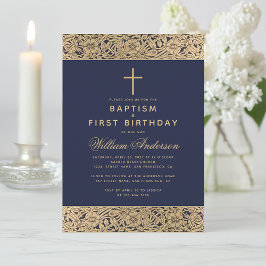 Taufe Erstgeburt Navy Blue Gold Rose Junge Einladung