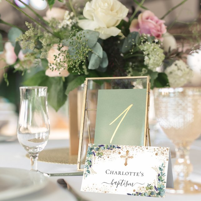 Taufe Eukalyptus Goldstaub Glitzer Platzkarte (Von Creator hochgeladen)