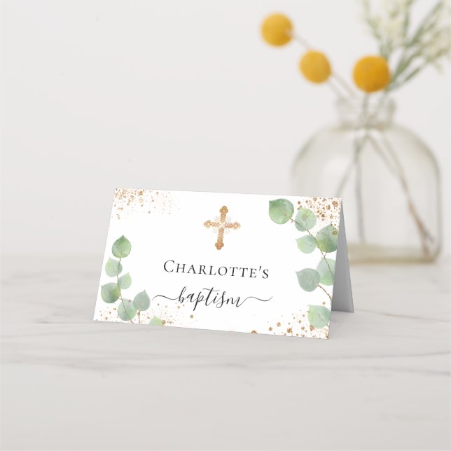 Taufe Eukalyptus Goldstaub Glitzer Platzkarte (Rückseite)
