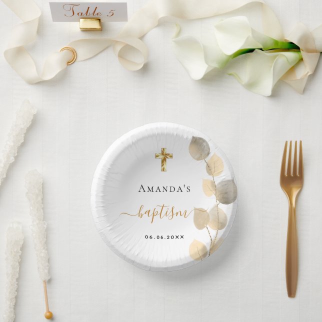 Taufe Eukalyptus goldweiß elegant Pappteller (Hochzeit)