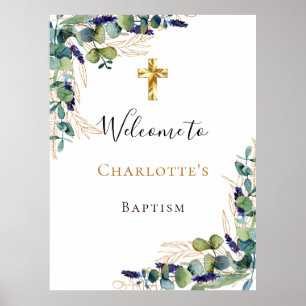 Taufe Eukalyptusgrün Goldkreuz Willkommenpos Poster