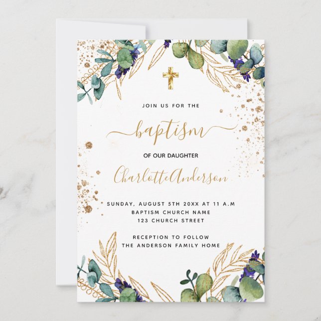 Taufe Eukalyptusgrün Goldschrift Einladung (Vorderseite)