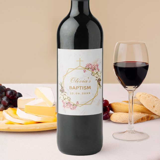 Taufe Floral Gold Rosa Weiße Orchideen Marmor Weinetikett (Von Creator hochgeladen)